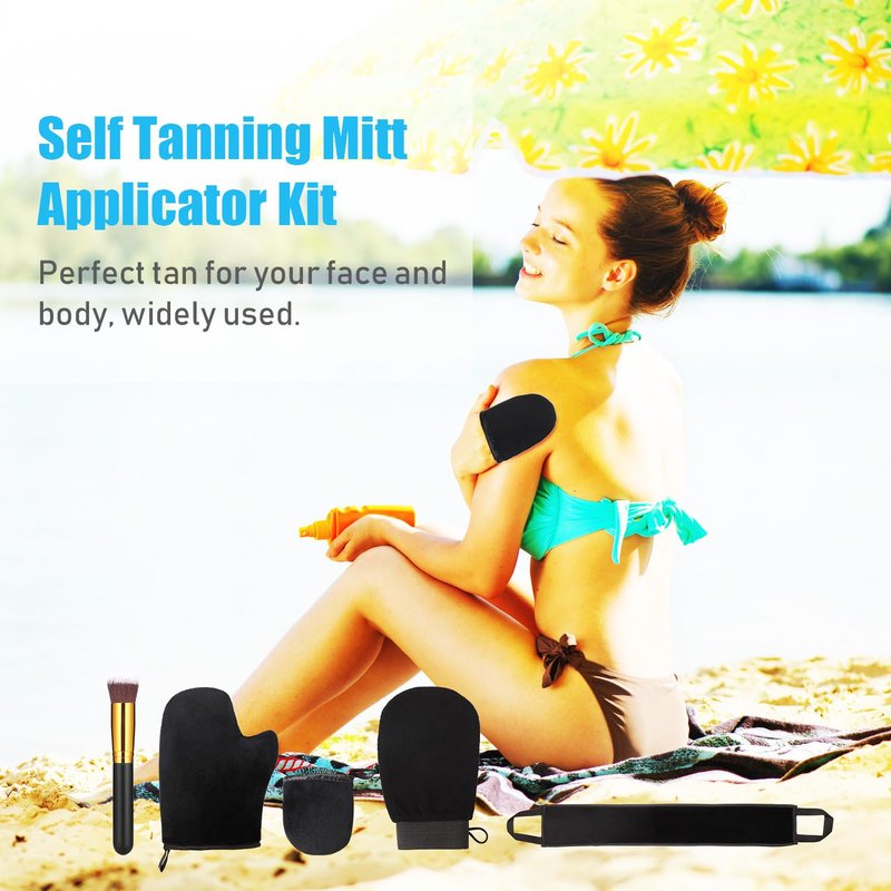 Boao 5 Pieces Self Tanning Mitt Applicator Kit, Includes Tanning Mitt, Exfoliating Glove, Mini Face Glove, Back Lotion Applicator, and Large Brush Makeup
