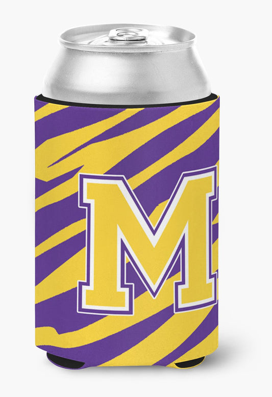 Monogram - Tiger Stripe - Purple Gold Can or Bottle Beverage Insulator Initial M