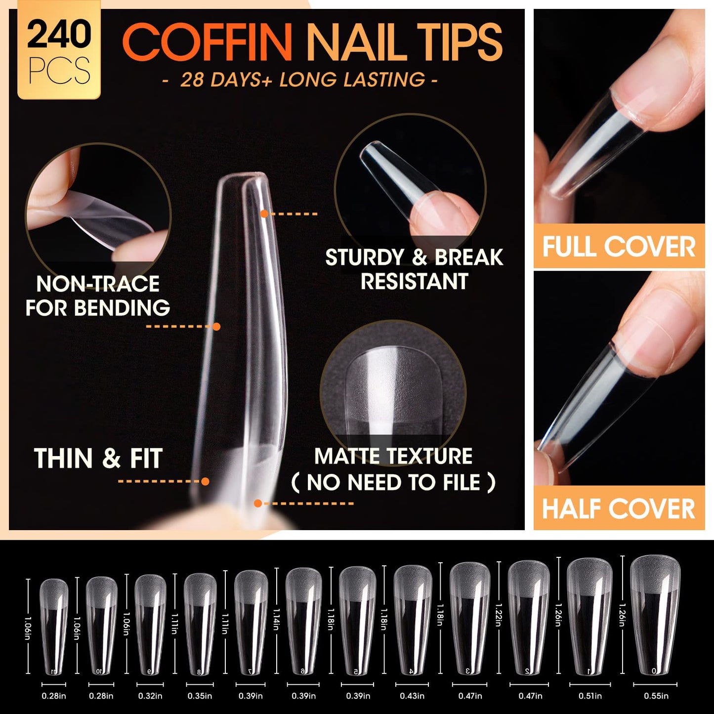 Gellen Gel Nail Kit Coffin 240pcs Nail Tips Extension Set with Everything, Etch X Nail Tips DIY Kit Long Coffin Gel Nail Glue U V Light for Women