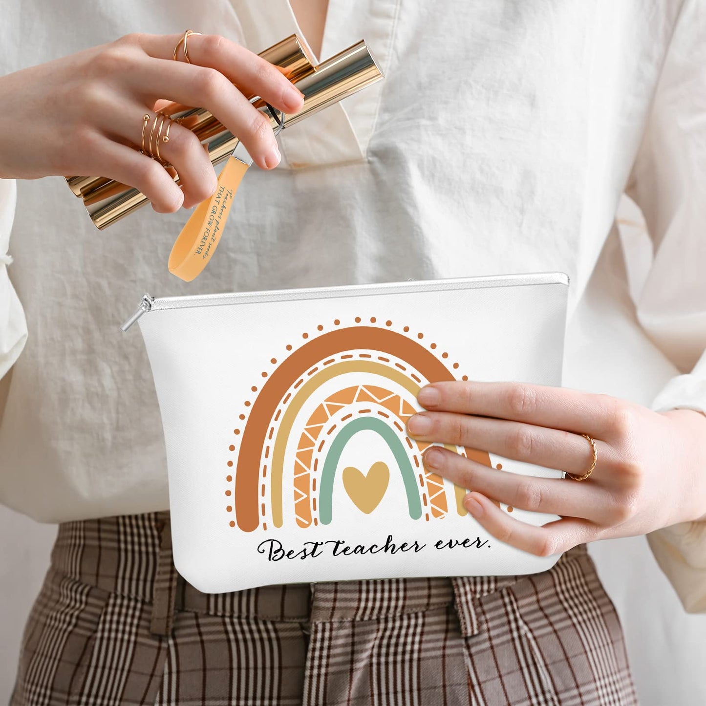 Hillban 60 Pcs Teacher Appreciation Gifts Bulk for Women 30 Rainbow Canvas Makeup Bags 30 Motivational Quotes Keychains Thank You Classroom Gift for Teachers Day Coworker Employee