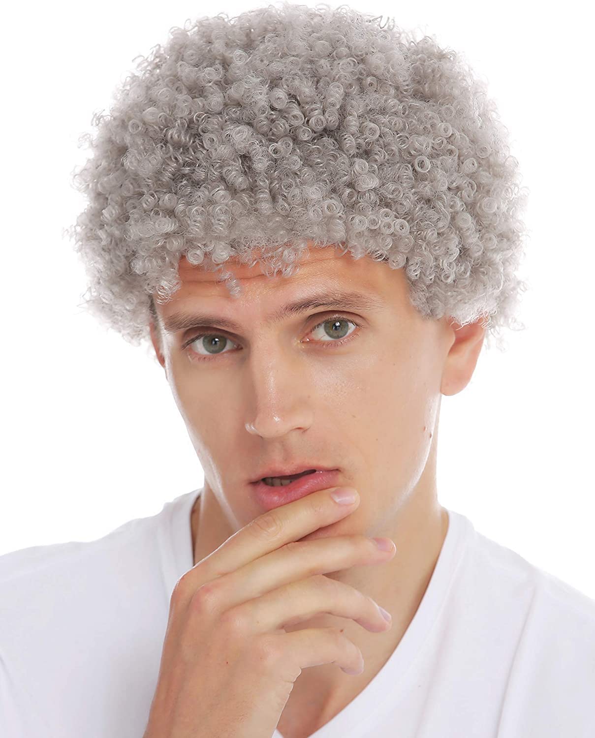 Wiwige Grey Afro Wig for Men Short Curly Halloween Disco Rock Heat Resistant Synthetic Wigs with Wig Cap