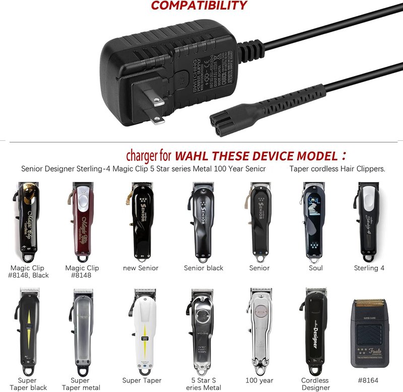 Anrom 4v Clipper Charger Cord,for Wahl Clipper Cordless Charger, Suitable for All Wahl Magic Clip Senior Sterling-4 Designer 8148/8591/8504 (new and Old Versions)