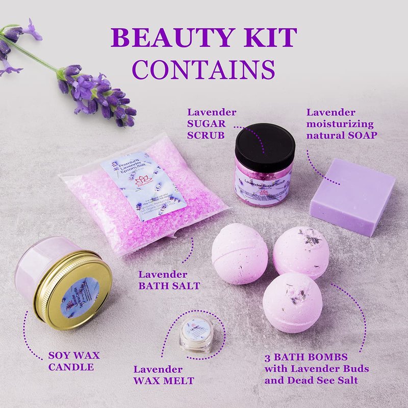 Organic Lavender Gift Basket - Spa Kit with Soy Wax Candle, Bath Bombs & Natural Oils | Perfect Gift for Women & Moms
