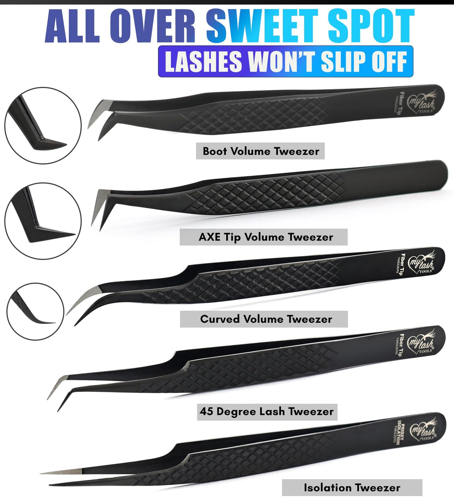 My Lash Tools Fiber Tip Lash Tweezers for Lash Extensions Precision Boot Volume Eyelash Extensions Tweezers Japanese Steel Curved Isolation Tweezer Set Fiber grip tweezers pinzas para (5pcs, Black)