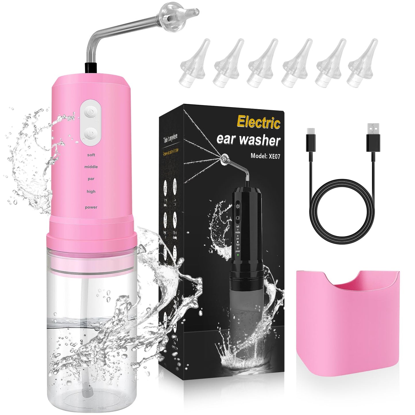 Ear Wax Removal, Electric Ear Irrigation Flushing System, Water Powered Ear Cleaner with 4 Pressure Modes, 6 Reusable Replacement Tips, Safe and Effective Ear Cleaning Tool for Adults (Pink)
