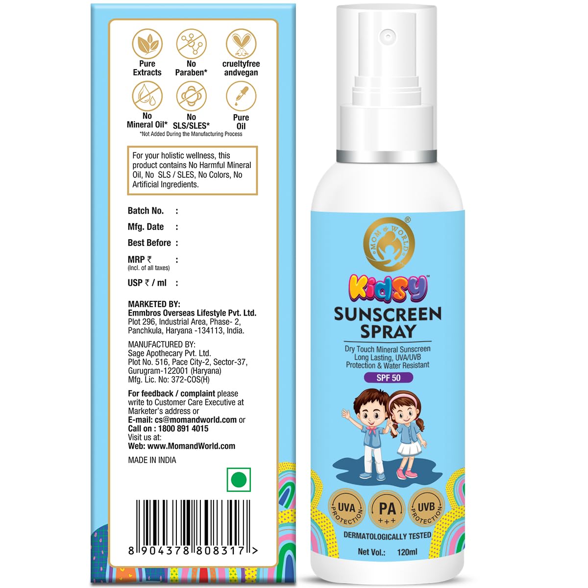 Mom & World Mineral Based Kids Sunscreen Spray SPF 50, Water Resistant, UVA/UVB PA+++, 120ml - Safe for Baby and Kids
