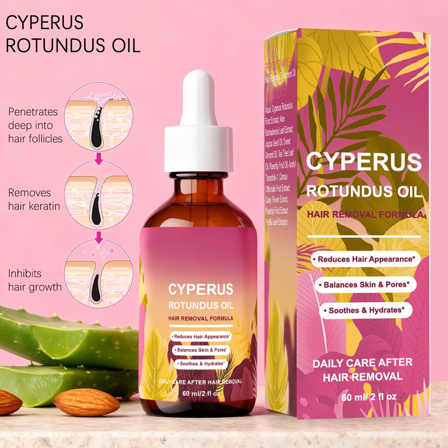 WOJJ Cyperus Rotundus Oil for Natural Hair Reduction, 60ml Hair Inhibiting Oil with Jojoba & Rosehip, Soothing and Moisturizing Body Oil for All Skin Types (1)
