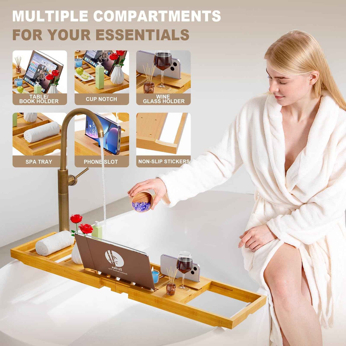 Yirilan Bathtub Tray Caddy, Expandable Wooden Bathroom, Luxury Bamboo Bathtub Tray, Bath Tub Table Caddy, Bamboo