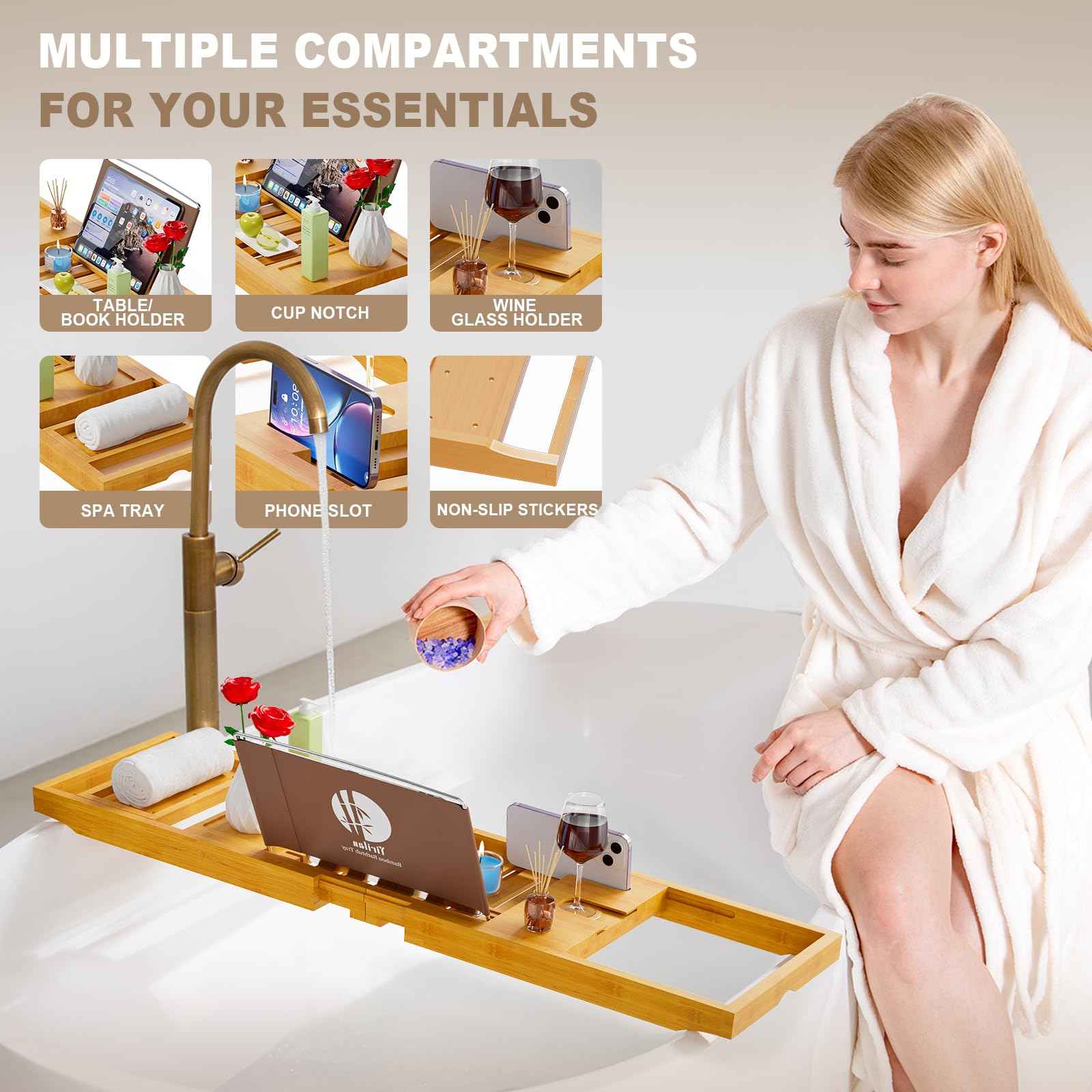 Yirilan Bathtub Tray Caddy, Expandable Wooden Bathroom, Luxury Bamboo Bathtub Tray, Bath Tub Table Caddy, Bamboo