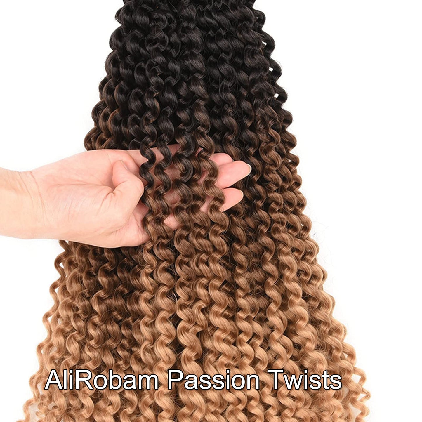Ombre Passion Twist Hair Water Wave Long Bohemian Curly Crochet Braids For Bomb Twists Goddess Locs Synthetic Braiding Hair Extensions For Black Woman 6 Packs (18inch, Black-dark brown-light brown)