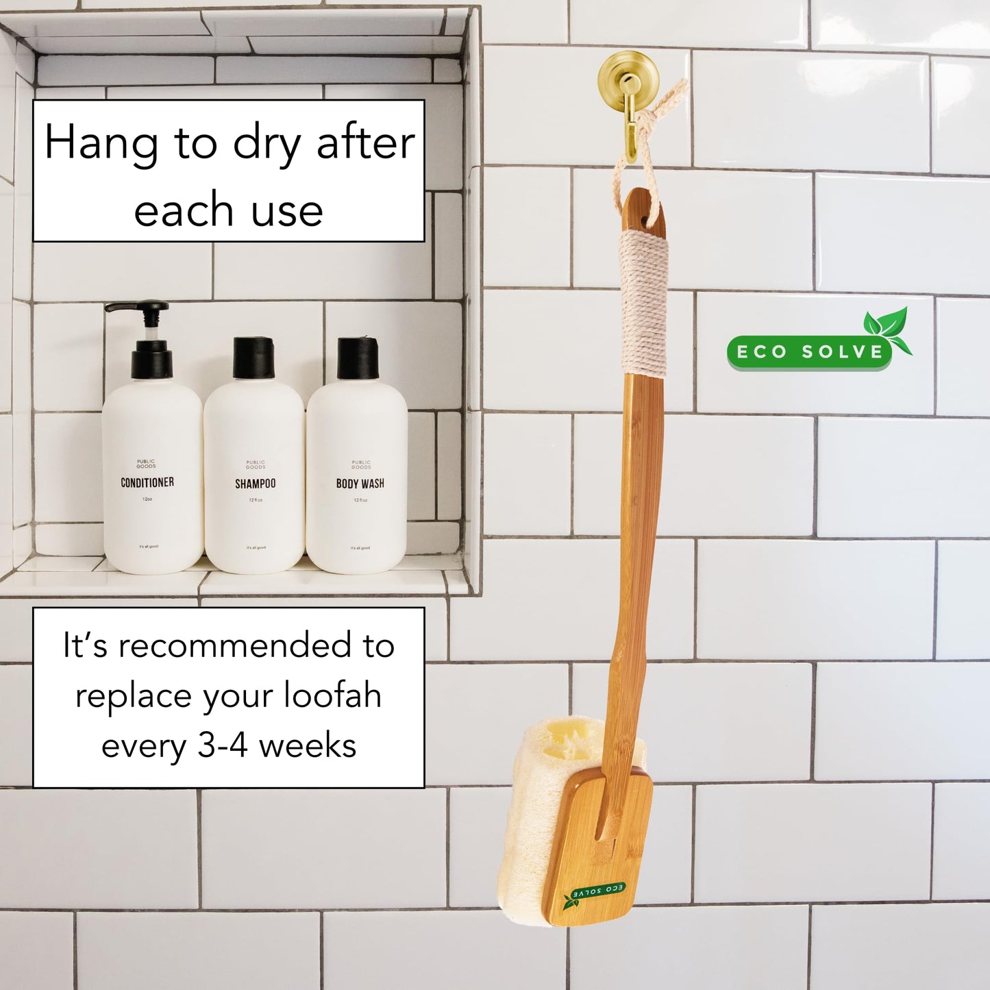 Eco Solve Natural Loofah Shower Scrubber w/Removable Bamboo Handle, Gentle Exfoliation, Long-Ergonomic Handle w/Hemp Rope Grip, Extra Loofah Included for Close Washing, Plastic-Free, Eco-Friendly