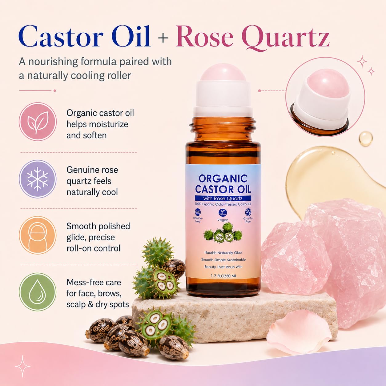 SDXJIOGE Organic Castor Oil with Rose Quartz Roller, 100% Pure Cold-Pressed, Organic Castor Oil Roll On Rose Quartz, Hexane-Free,Amber Glass Bottle for Skin 1.7oz (2)