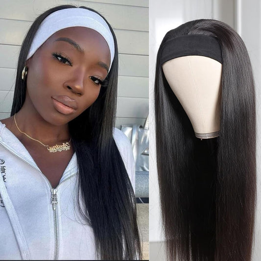 Unvizossa Headband Wig Human Hair 14 Inch Straight Headband Wigs for Black Women Glueless Straight None Lace Front Wig Human Hair Machine Made Wigs Natural Black 150% Density