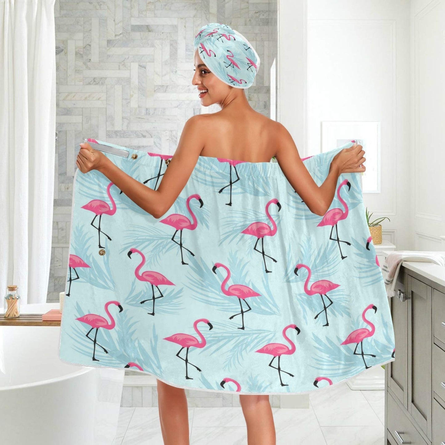 ATTX Flamingo Blue Leaf Towel Wrap with Dry Hair Cap & Headband for Women – Women’s Comfortable Shower & Bath Wrap with Adjustable Closure