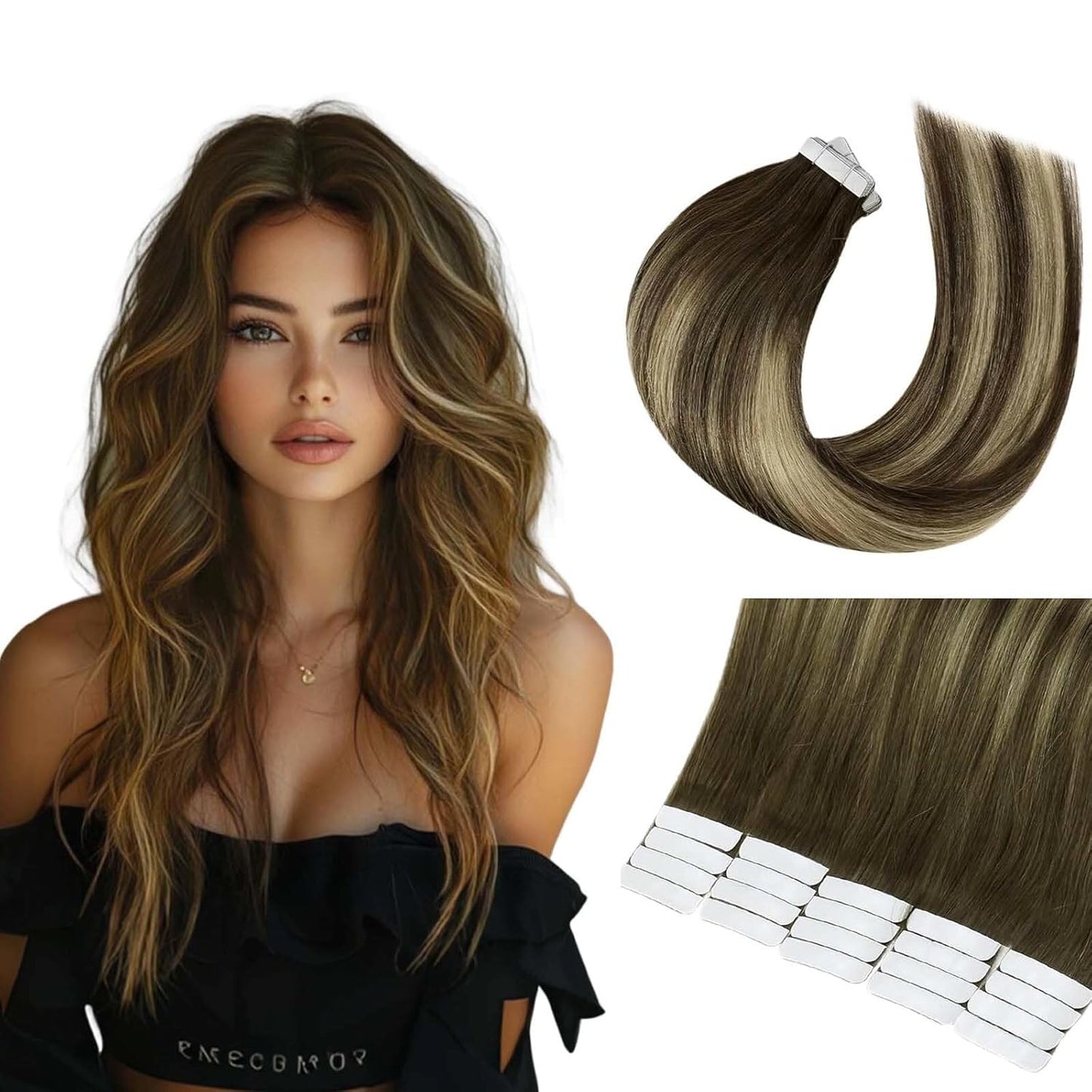 Tape In Hair Extensions - 16 Inch Human Hair Skin Weft | Thick & Straight, Chocolate Brown & Caramel Blonde #4/27/4, 50g, 12 Pieces Replacement Tape