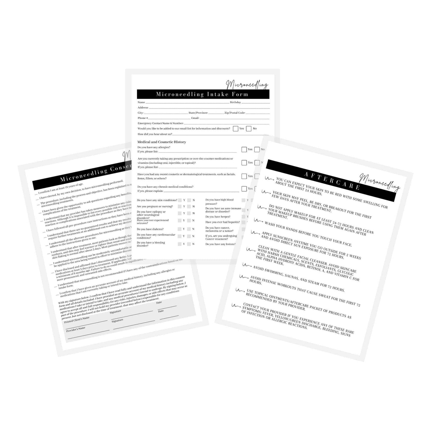 Microneedling Intake Forms, Consent, Aftercare Instructions | 75pk 25 of Each | Skin Rejuvenating Microneedling | Anti Aging, Anti Wrinkle | 8.5 x 11” Client Intake Signature Minimalist Black White