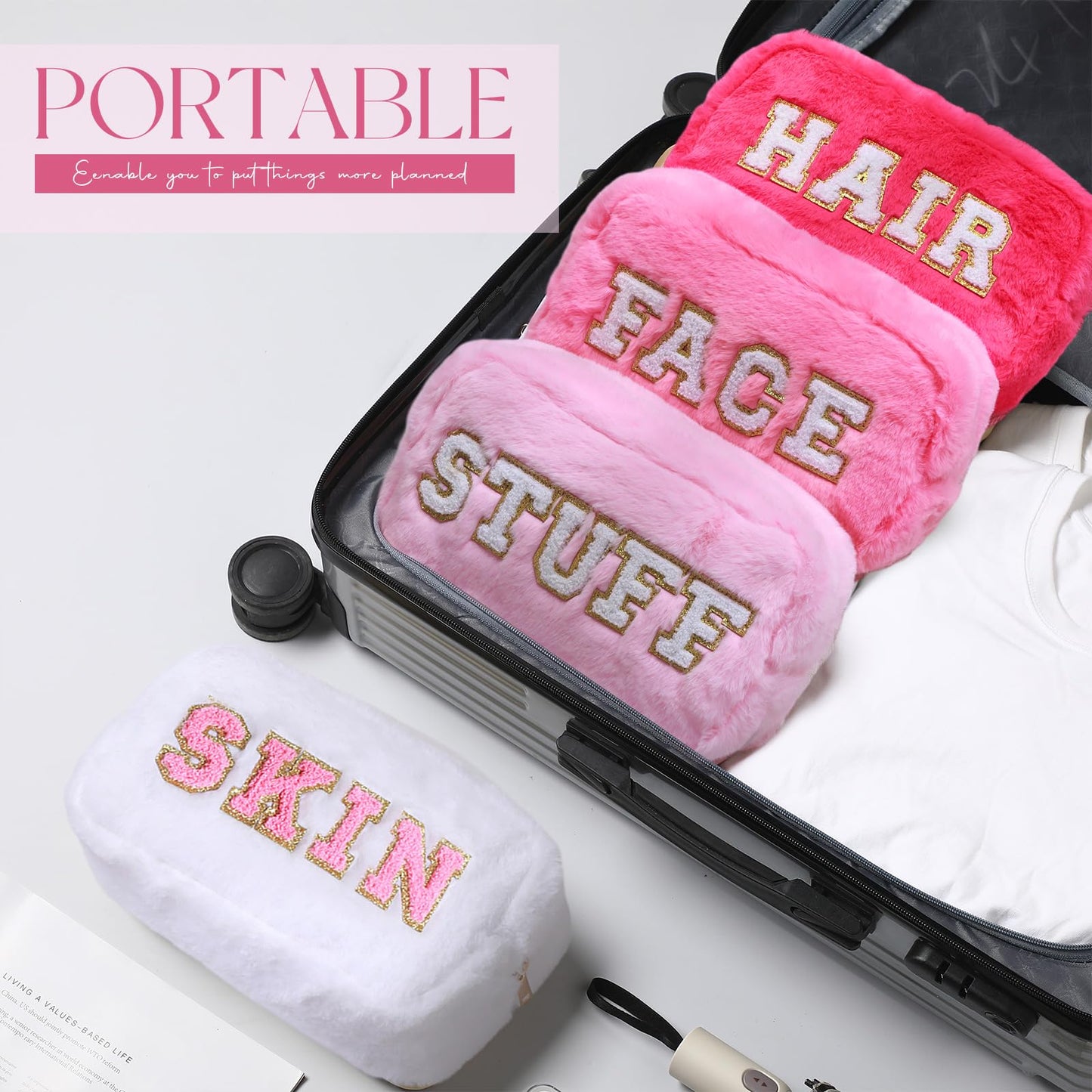 Paterr 4 Pieces Preppy Makeup Bag Chenille Letter Faux Fur Fluffy Bag Preppy Stuff Face Skin Hair Stuff Cute Toiletry Cosmetic Travel Bags Pouch with Zipper for Girls Women(Pink)