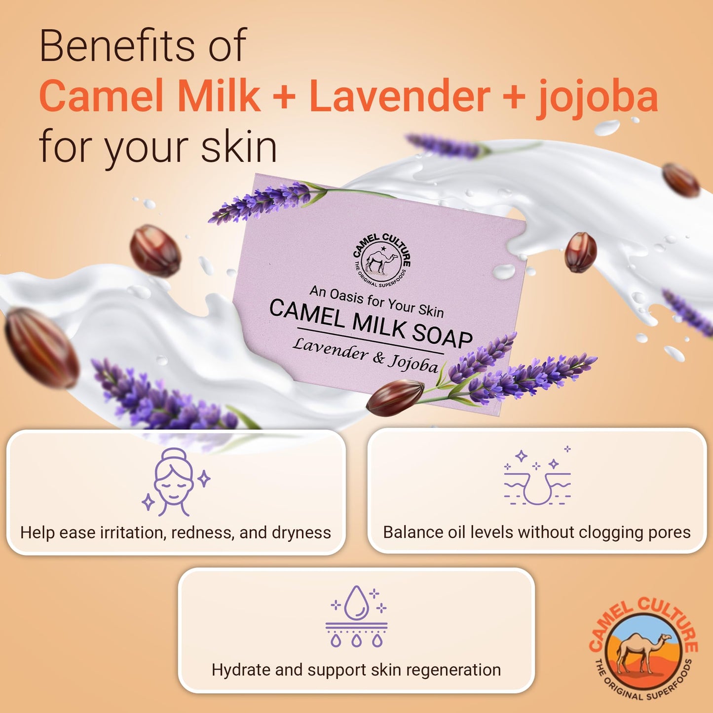 Camel milk soap(Lavendar & Jojoba) - 3 pack - Moisturizing, Calming Lavender & Jojoba Oil Body Soap - Soft, Gentle Soaps