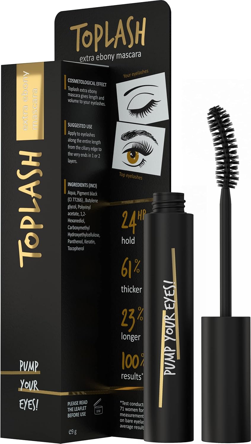 Toplash Extra Ebony Mascara - Keratin & Vitamin E Infused for Lush Lashes | Long-Lasting Volume