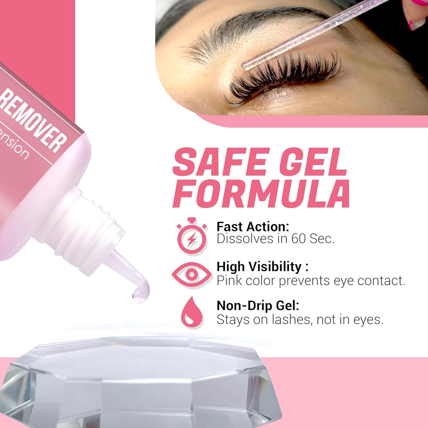 Pink Gel Lash Remover for Eyelash Extensions - Fast Acting 60s Dissolution | Professional Adhesive Remover | 15ml