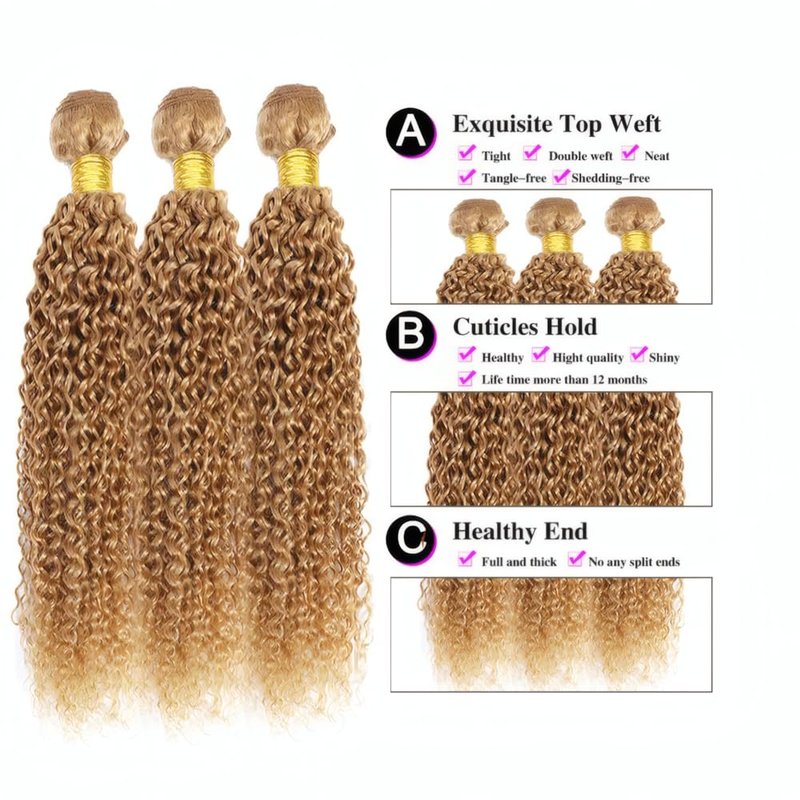 T4/27 Straight Human Hair Bundles Ombre Honey Blonde Mixed Length 10 12 14 Inch Grade 8A Brazilian Virgin Human Hair 3 Bundles Brown Hair Extension For Women No Shedding