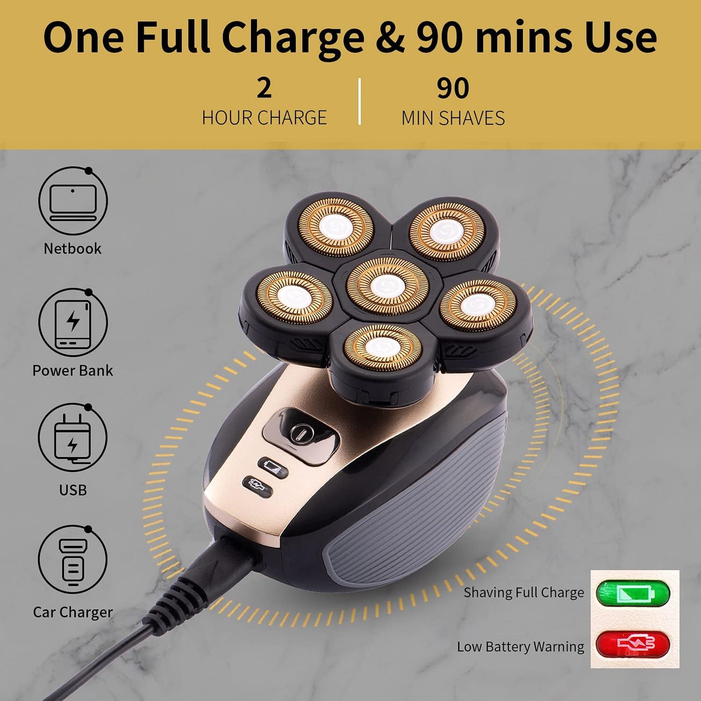 Multifunctional Bald Head Shaver - Waterproof Cordless Electric Razor Grooming Kit for Men | Gold Finish