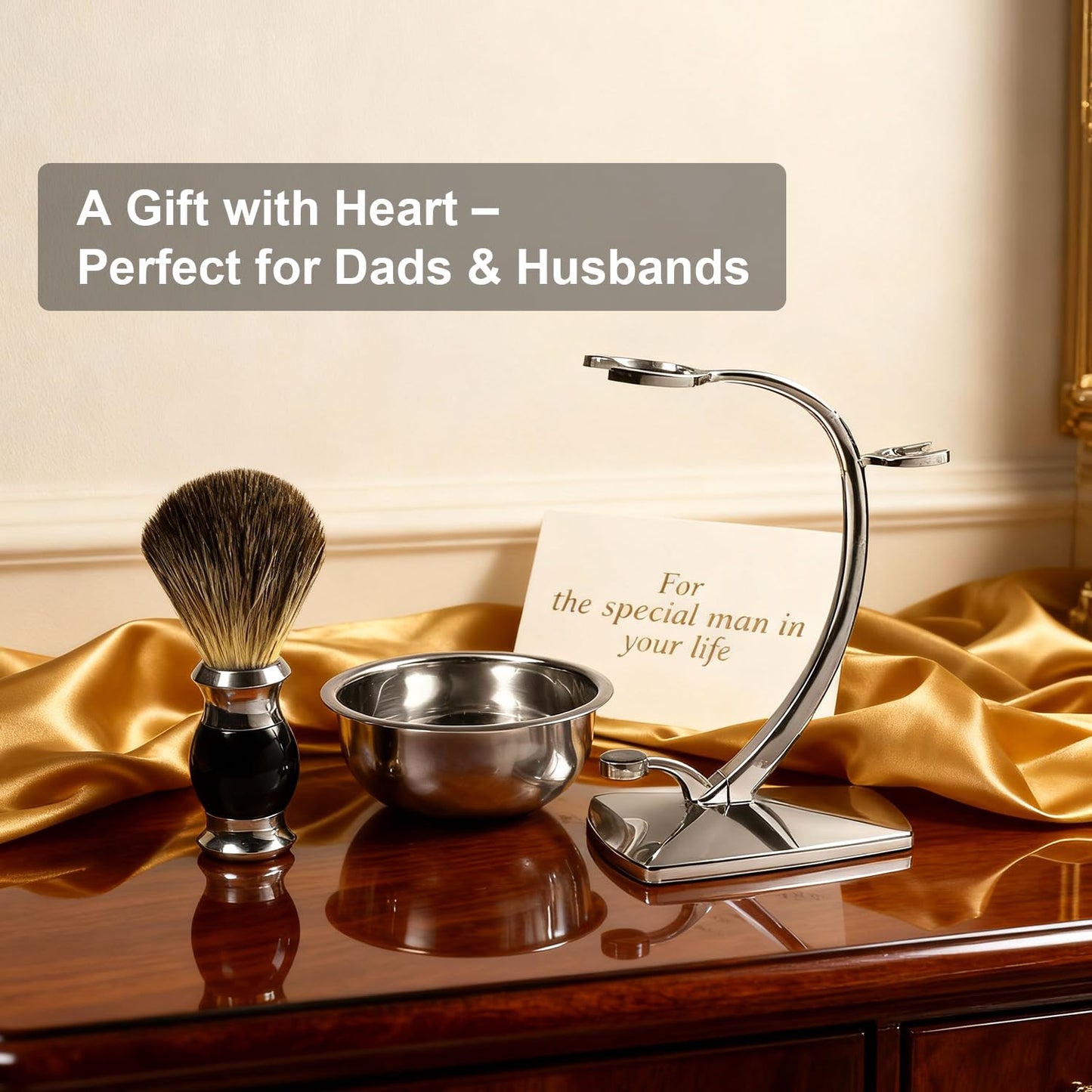 Shaving Bowl Set - 3-Piece Magnetic Base with Chrome Stand & Synthetic Brush | Razor Not Included