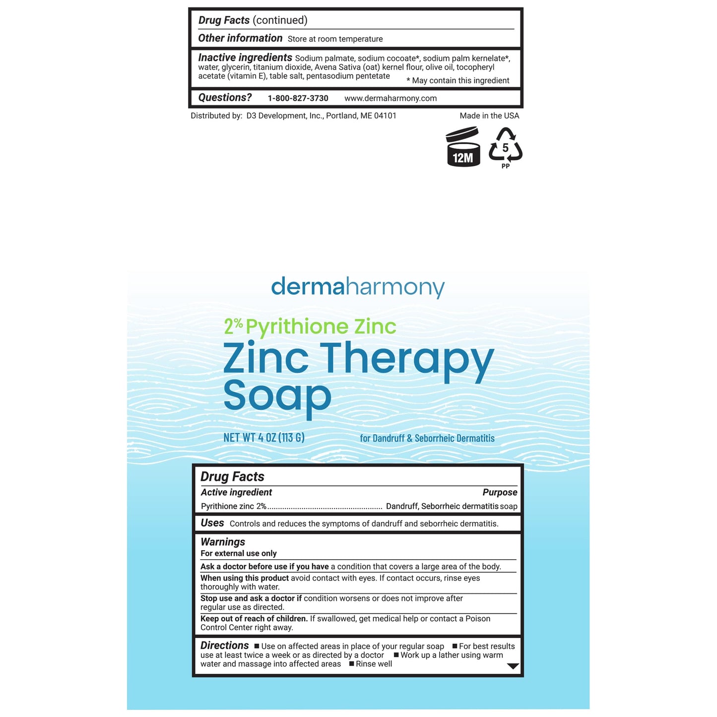 Dermaharmony Set of 5 2% Pyrithione Zinc (ZnP) Bar Soap 4 oz - Crafted for Those with Skin Conditions - Seborrheic Dermatitis, Dandruff, etc.