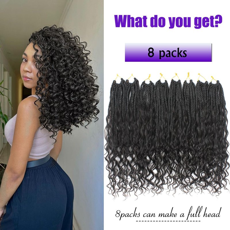 Goddess Box Braids Crochet Hair 18 inch Pure Protein Fiber Close to Human Hair 8 packs Boho Crochet Braids for Black Women Pre looped Bohemian Box Braid with Curly Ends Hair Extensions(18 inch, 1B)