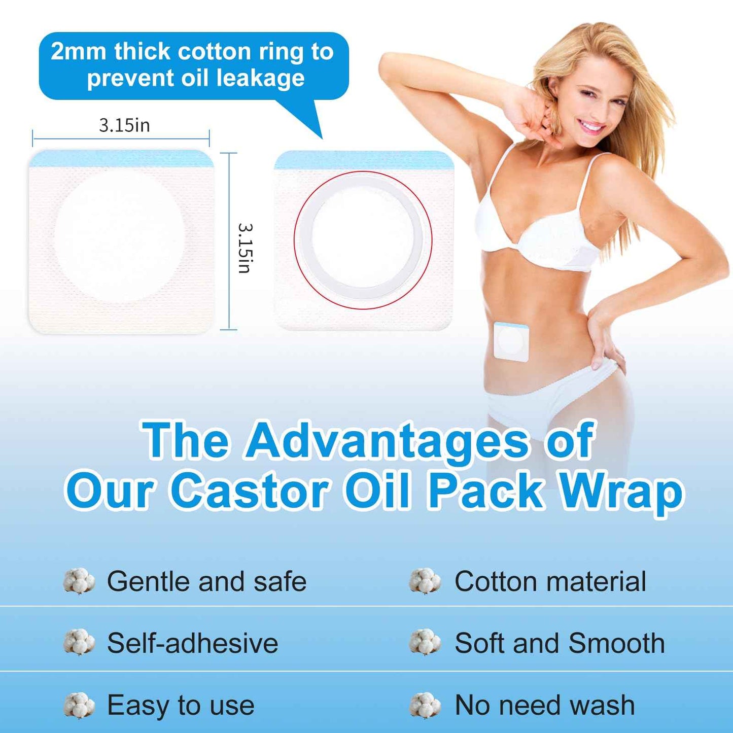 Castor Oil Pack Patches for Belly Button – 60 Disposable Organic Cotton Self-Adhesive Pads, Leak-Proof & Breathable, No-Wash Castor Oil Wraps for Navel, Abdomen & Targeted Skin Care