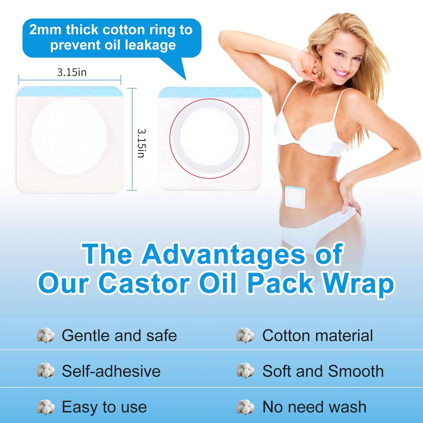 Castor Oil Pack Patches for Belly Button – 60 Disposable Organic Cotton Self-Adhesive Pads, Leak-Proof & Breathable, No-Wash Castor Oil Wraps for Navel, Abdomen & Targeted Skin Care