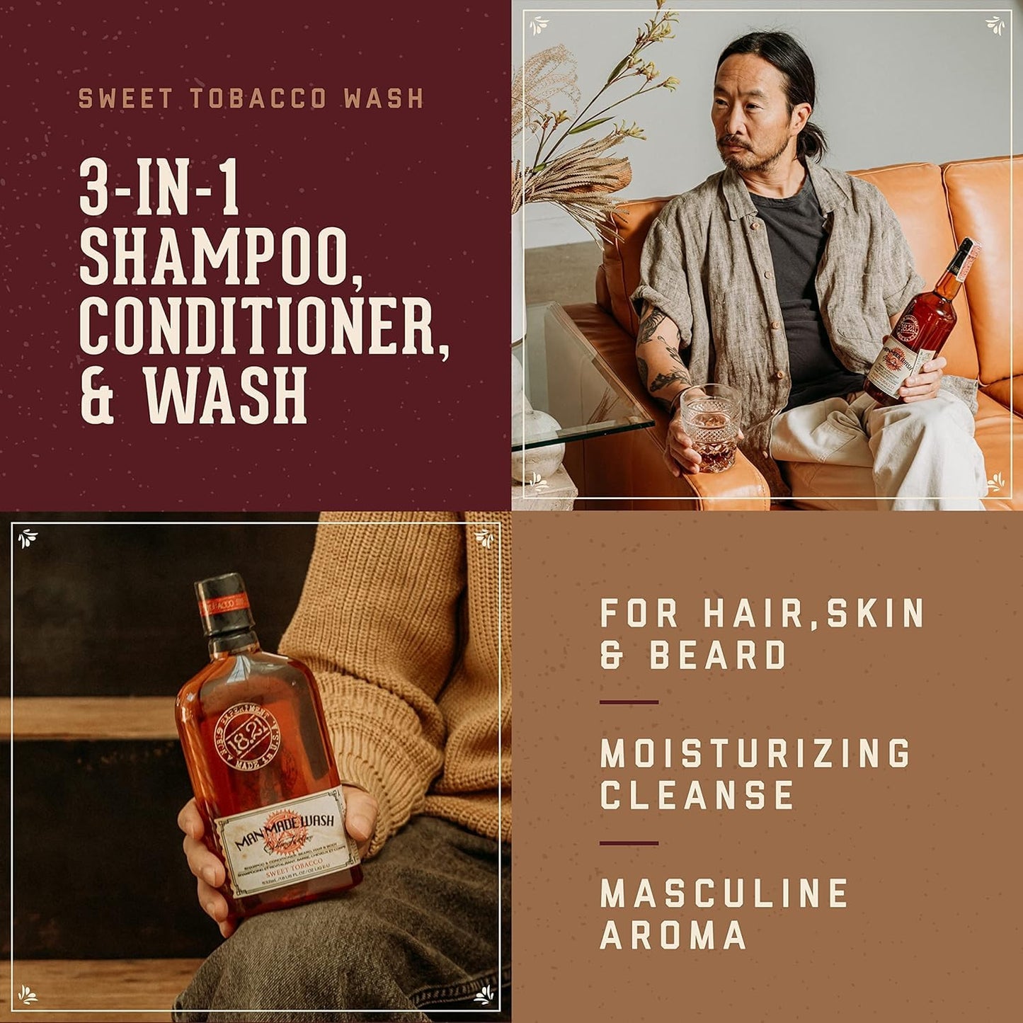 18.21 Man Made Man Sweet Tobacco & Noble Oud 3-in-1, 18 Oz Wash 2-Set Bundle, All Hair & Skin Types for Men, Strengthens and Moisturizes in a Manly Aroma
