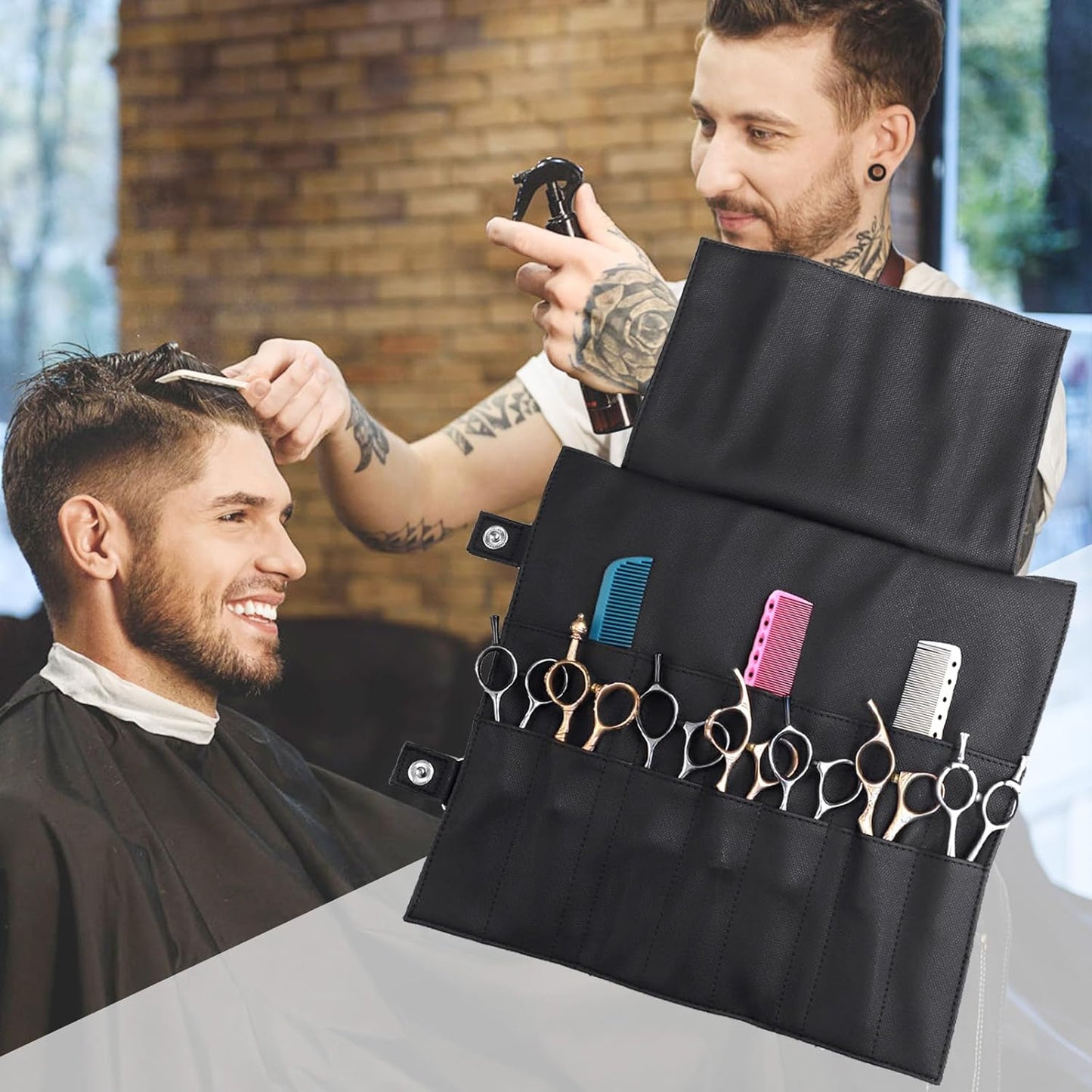Salon Scissors Bag Roll-Up | 14 Pocket PU Grooming Scissors Holder for Hairdressers - Black