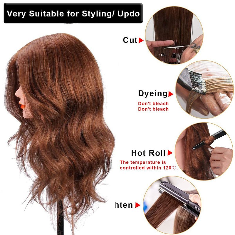 Mannequin Head with 100% Human Hair, SZCY LLC 18" Dark Brown Real Hair Cosmetology Mannequin Head Hair Styling Hairdressing Practice Training Doll Heads with Clamp Holder