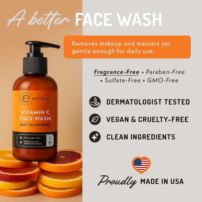 Eve Hansen Vitamin C Cleanser Face Wash | Anti Aging Facial Cleanser for Fine Lines, Age Spots, Dark Circles | Cruelty Free Skin Care Cleansing Gel with Aloe Vera, Vitamin E (4 oz)