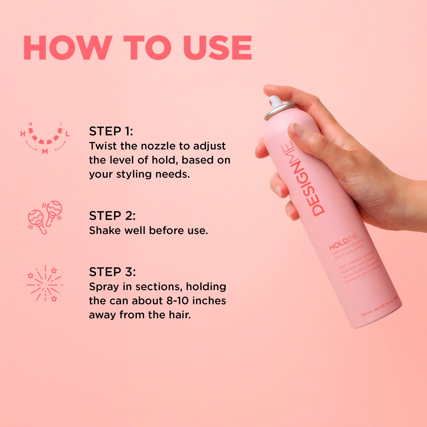 HOLD.ME Three-Way Hairspray by DESIGNME | Hairspray with Light, Medium, & High Hold Options | Extra Hold Hair Spray with Thermal Protectors & Vitamin B5 | Scented Hair Setting Spray, (9.5 Oz)