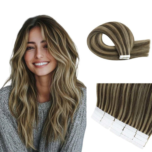 GEELOOK Tape in Hair Extensions Human Hair 18inch Skin Weft Straight Thick Natural with 12 Pieces Replacement Tape 20pcs 50g Chocolate Brown mixed caramel blonde #4/27/4