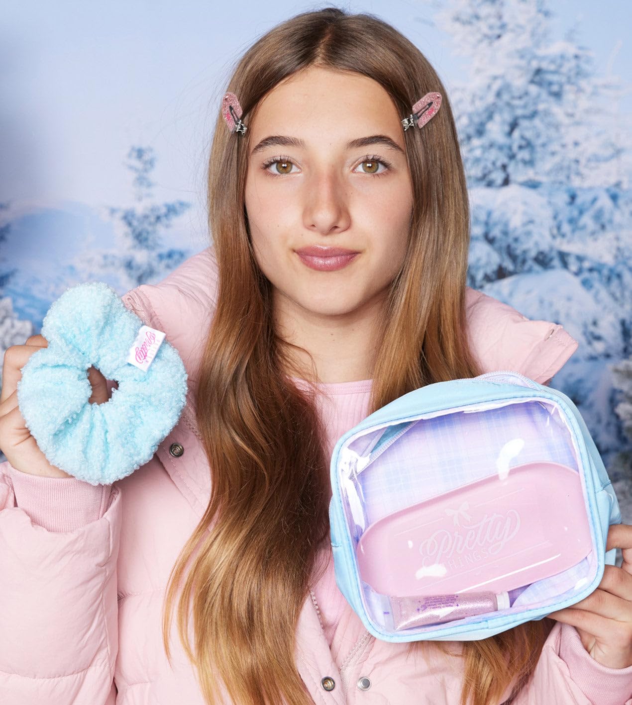 Get Ready with Me Essentials Set - Sparkly Glitter Makeup Tray, Scrunchie & Hair Accessories for Girls | Mini Size