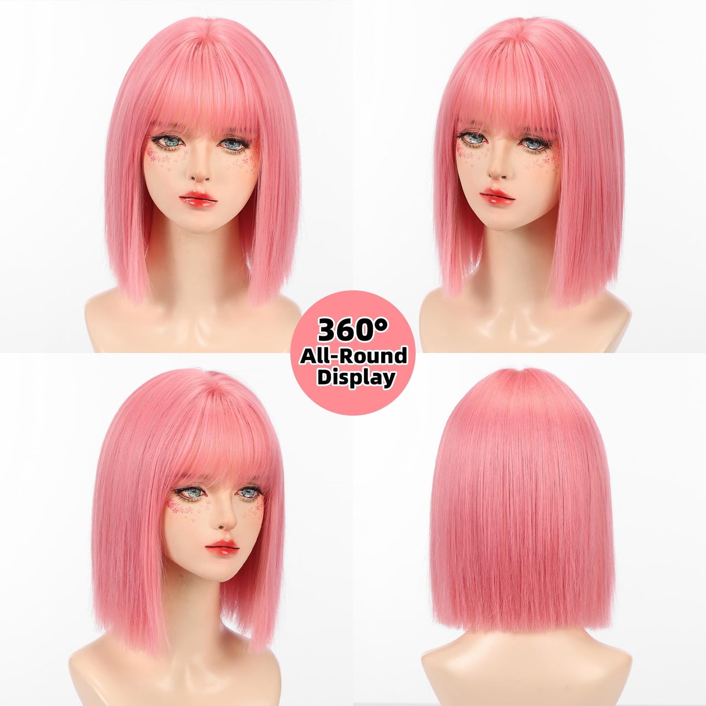 Allbell Pink Bob Wig for Women Short with Bangs 12 inch