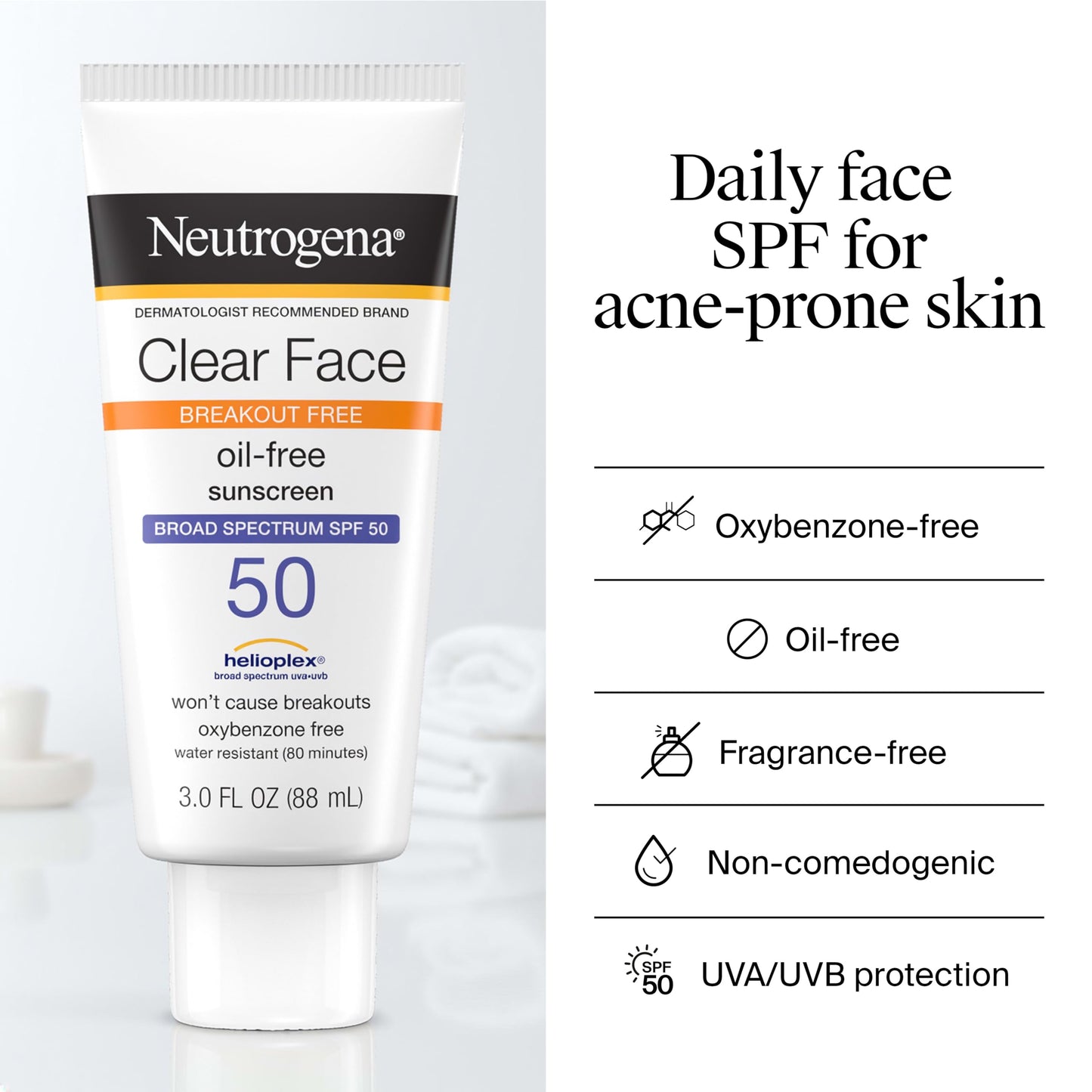 Neutrogena Clear Face Sunscreen Lotion SPF 50 for Acne-Prone Skin Broad Spectrum UVA UVB Protection Oil-Free No-Fragrance No-Oxybenzone Water-Resistant Daily Face Moisturizer, 3 fl oz