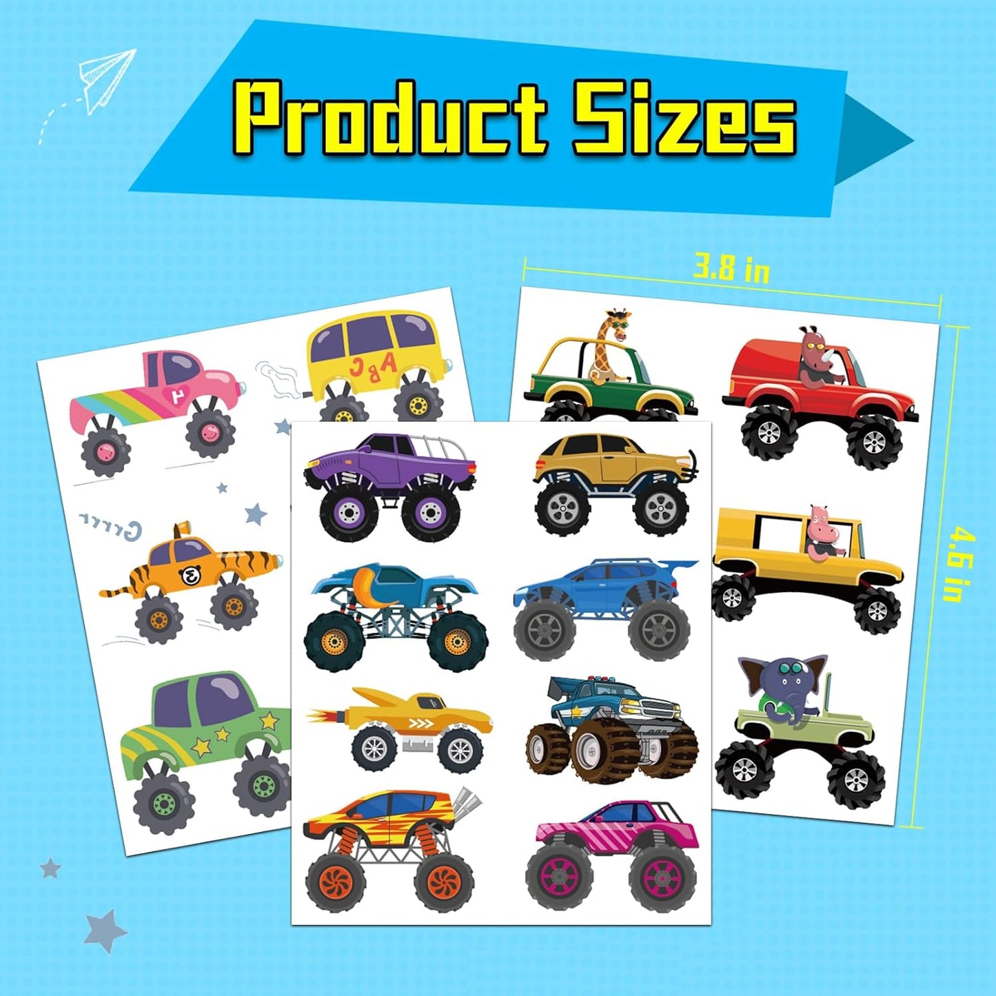 Monster Trucks Temporary Tattoo for Kids, 10 Sheets Monster Truck Fake Tattoos for Boys Party Favors, Goodie Bags Stuffers, Brithday Supplies Decorations