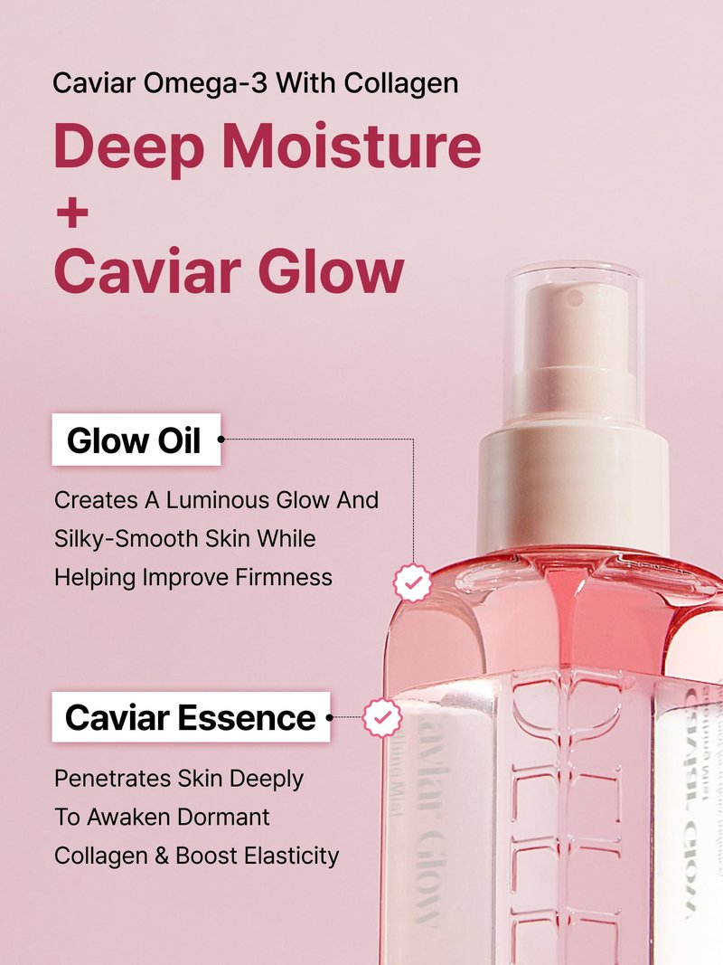 Delere Caviar Glow Soothing Mist | Korean Glass Skin Spray Serum with 5% Caviar & Squalane - Instant 3-Second Radiance & Makeup Setting – Anti-Aging Collagen Booster for Sensitive Skin, 3.4oz