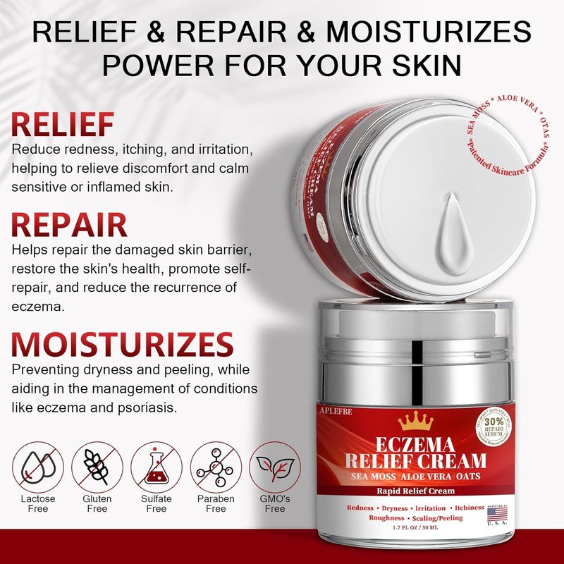 Eczema Relief Cream for Kids & Adults - Soothing Moisturizer with Sea Moss & Aloe Vera | Fragrance-Free, 1.7 FL OZ, 2-Pack