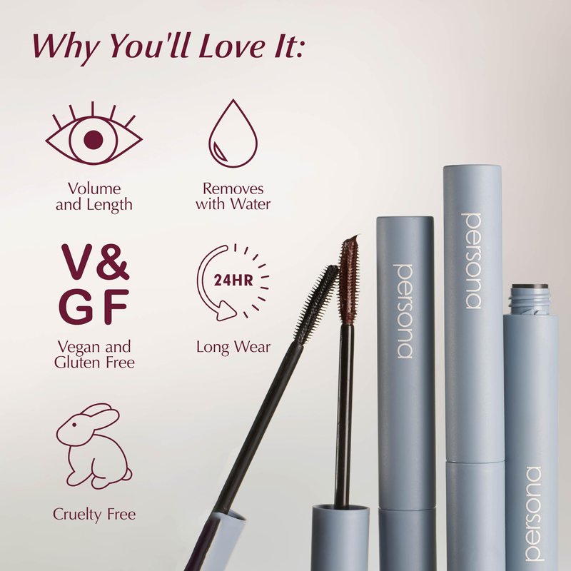 PERSONA Volumizing Black Tubing Mascara | Lift, Lengthen & Define | Buildable Volume Without Clumps | Long-Wear, Water-Removable | Vegan, Cruelty-Free & Gluten-Free (0.33 fl oz) | Made in Italy