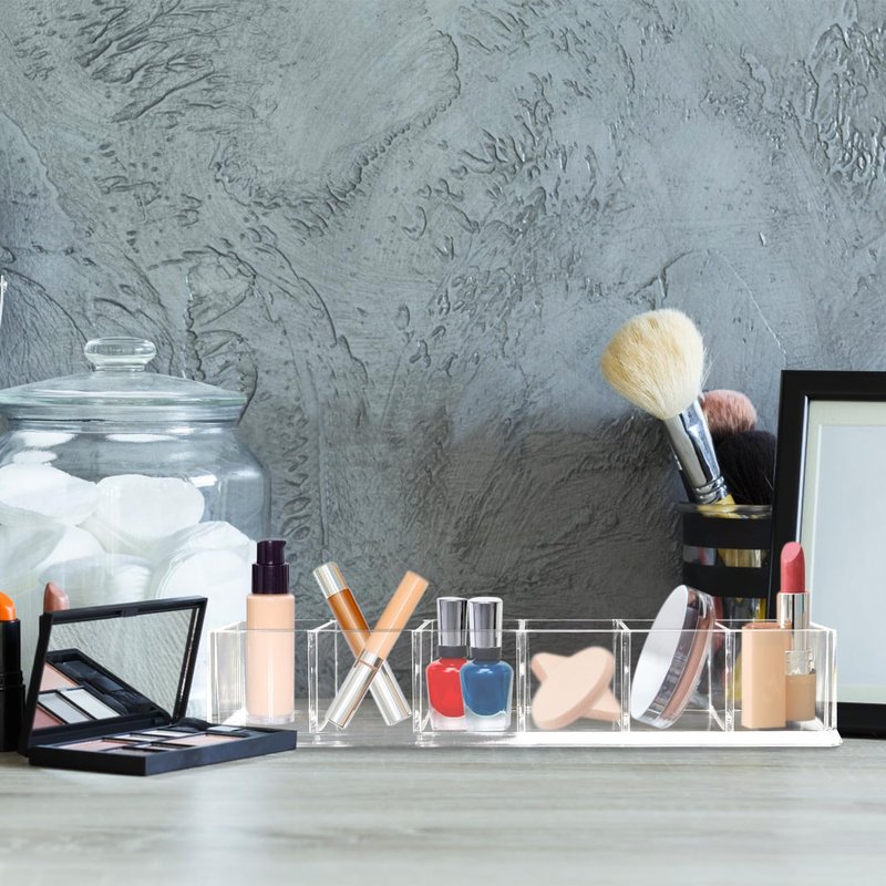 Nsmykhg 4 Pack Clear Acrylic Makeup Compact Organizer - 6 Slots Vanity Organizer for Eyeshadow Palette, Lipstick & Cosmetics, Drawer Makeup Organizer Holder (10 x 3.5 x 1.9 inches)
