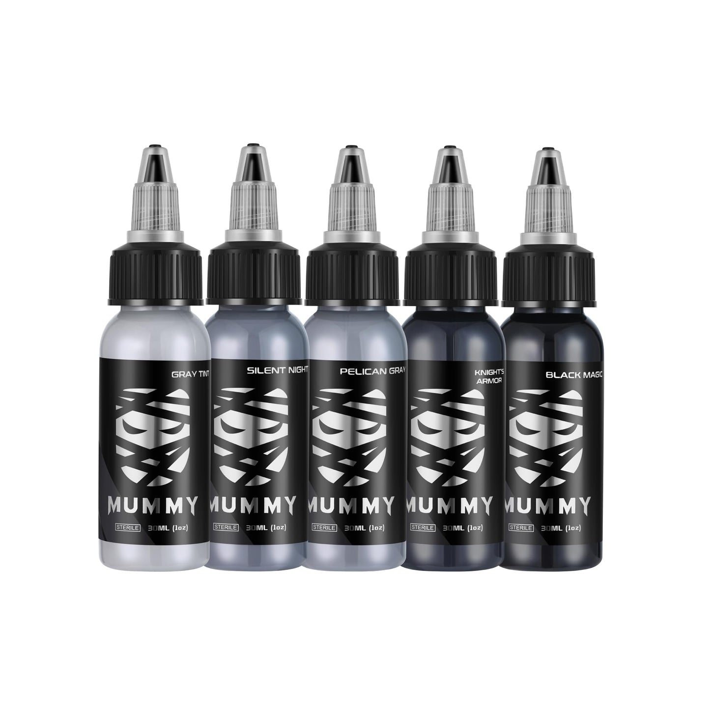 Mummy Grey Series Tattoo Ink Set - 5 Bottles (1 oz Each) Includes: Black Magic, Knight's Armor, Silent Night, Pelican Gray, Gray Tint