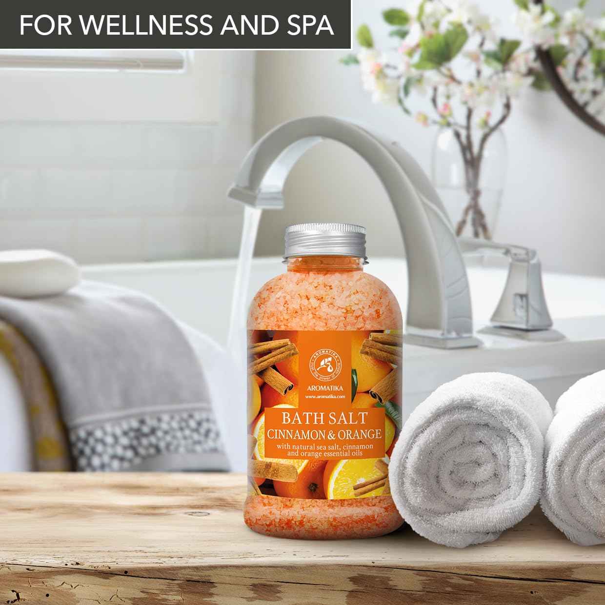 AROMATIKA Cinnamon-Orange Bath Salt 21.16 Oz - Relaxing, Moisturizing, Orange-Cinnamon Scent - Natural, Non Toxic - Bath Minerals and Salts