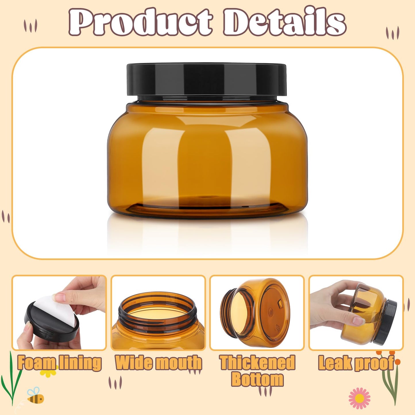 Hoemwarm 32 Pack 8 oz Plastic Sugar Scrub Containers with Lids, Body Butter Jars Amber Empty Refillable Round Cosmetic Containers for Creams,Lotions,Candy,Bath Salt,Gel