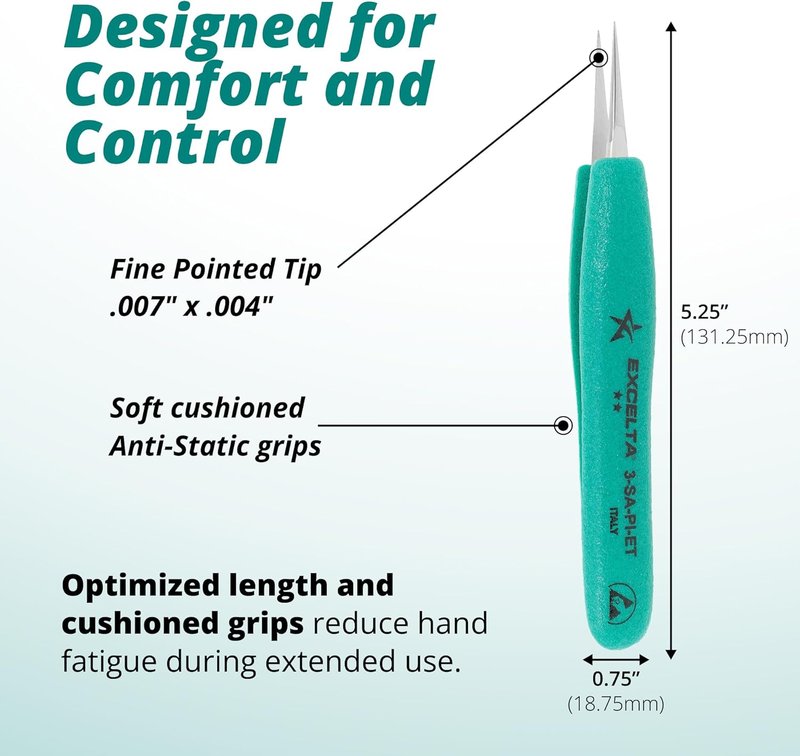 Precision Tweezers - ESD Safe Anti-Magnetic Stainless Steel - 5.25" OAL for Electronics & Lab Use | TealShield Grips