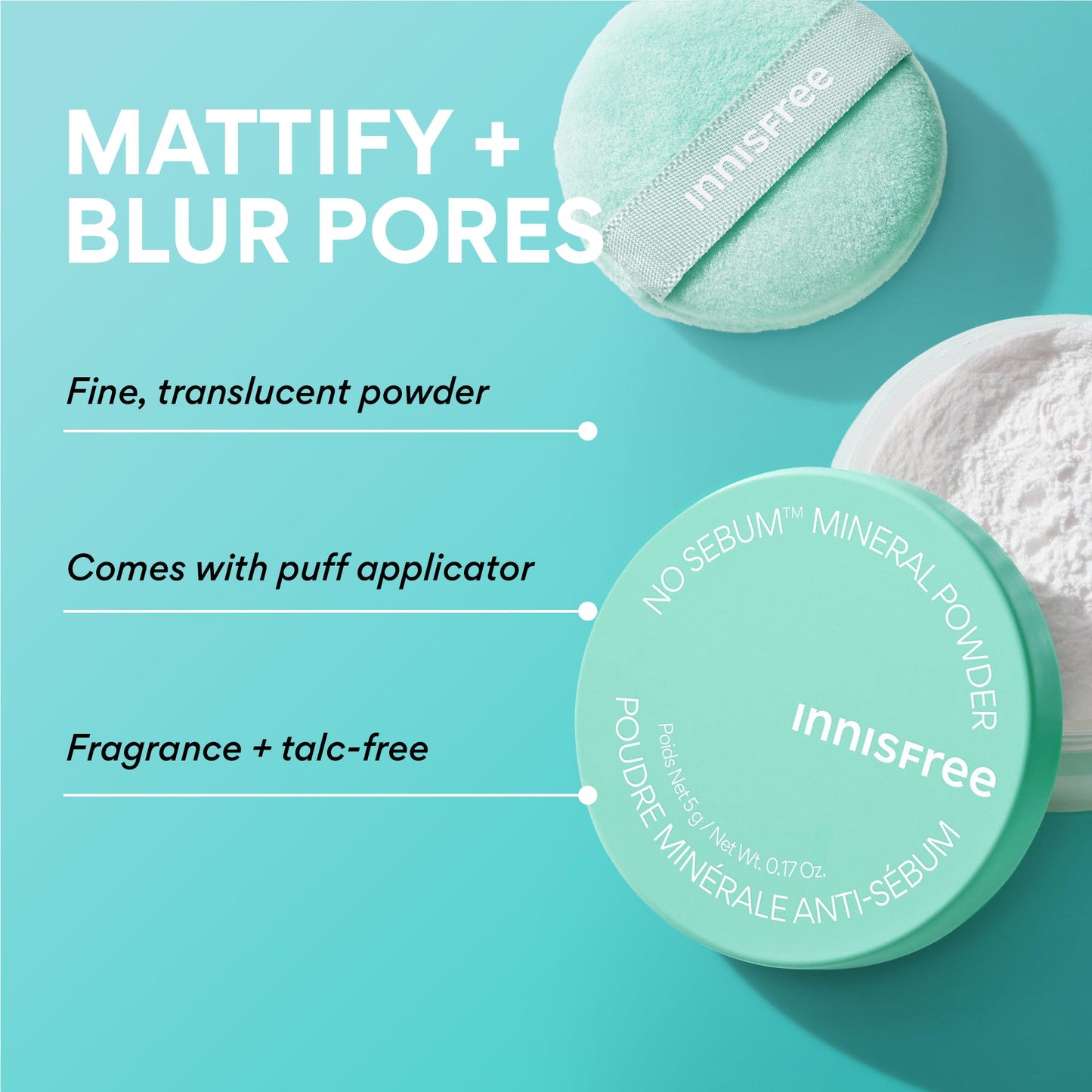 innisfree No Sebum Matte Mineral Powder | Korean Loose Setting Powder for Oil and Shine Control | Blurs Fine Lines and Imperfections | Lightweight, Natural Finish | Translucent